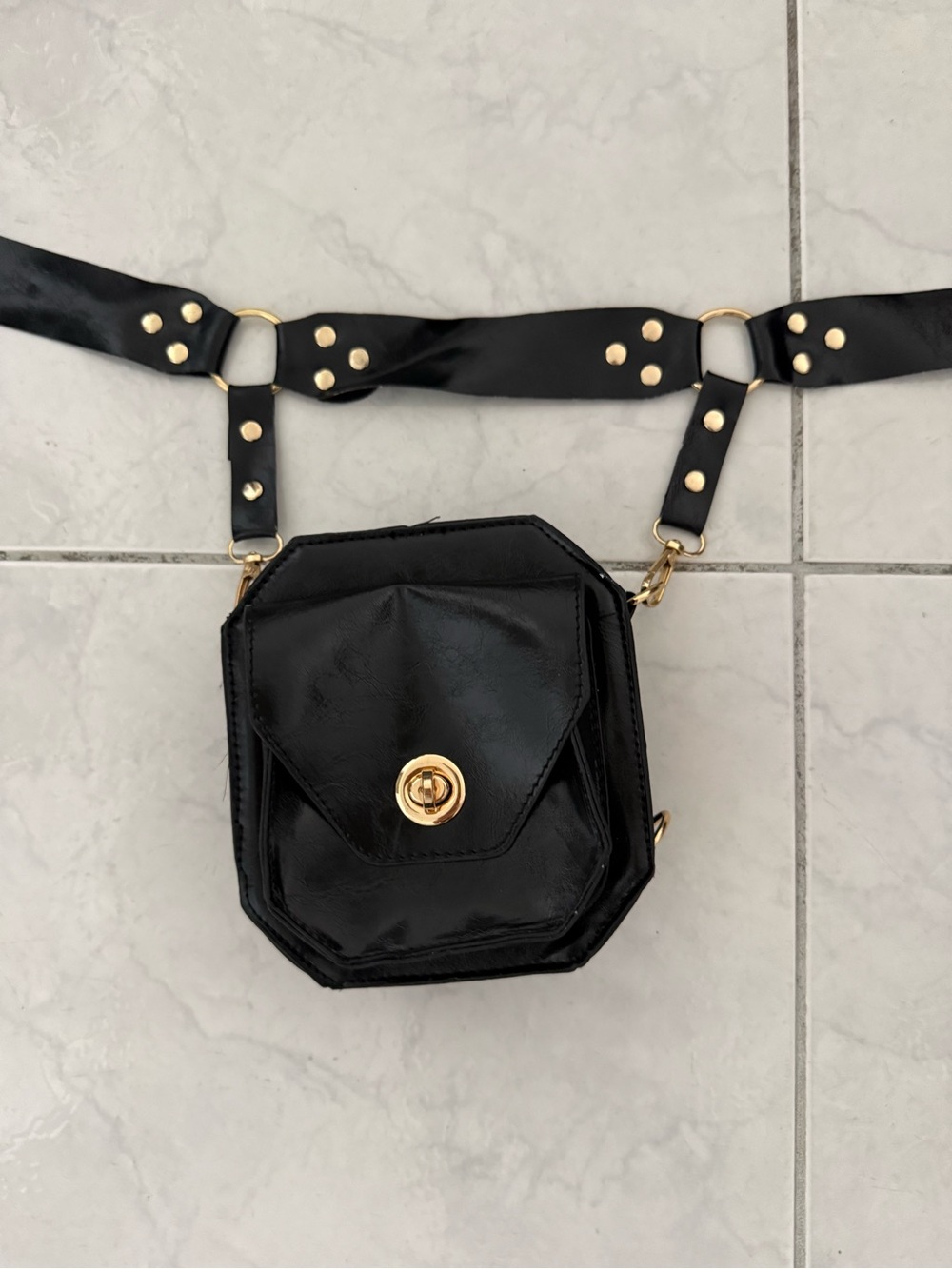 Black Leatherette Crossbody Belt Bag with Gold Hardware